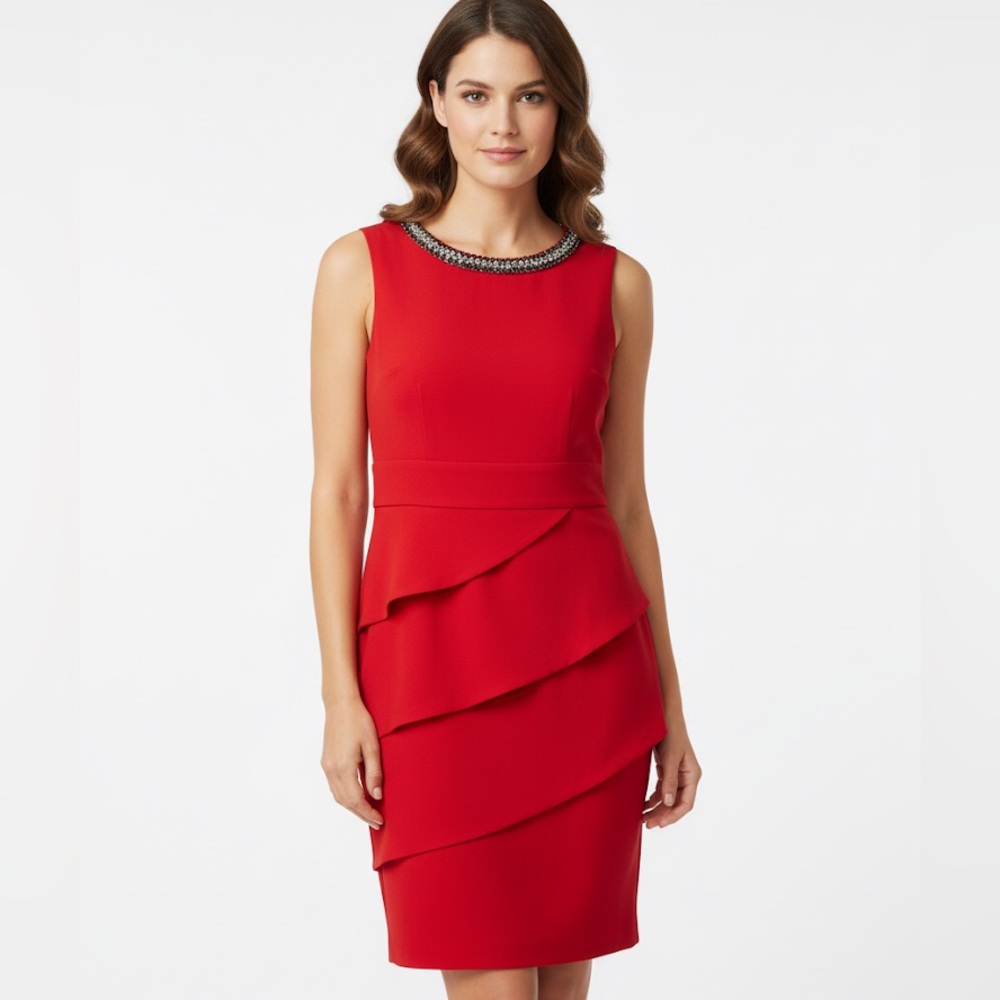 Elegant Red Sleeveless Dress with Embellished Neckline